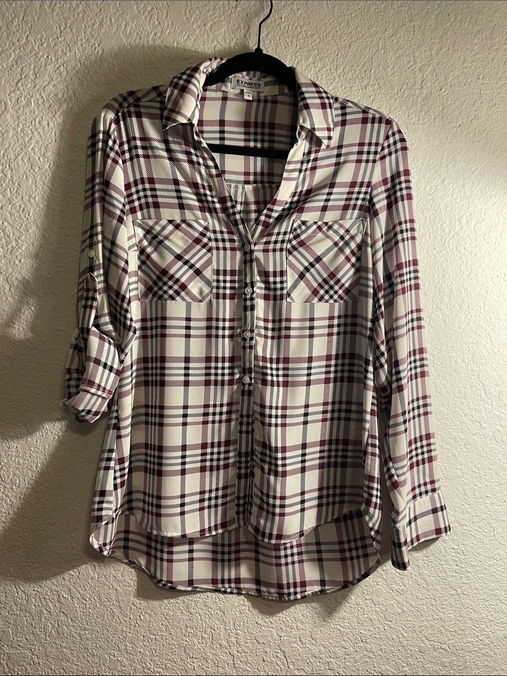 Express Burgundy and Cream Plaid Button-Down Shirt